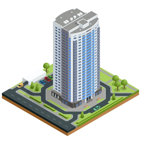 Isometric fasad dari sebuah buildin multi-lantai. Bangunan dan rumah kota modern. Bangunan perumahan baru. - Stok Vektor