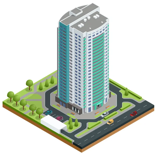 Façade isométrique d'un immeuble de plusieurs étages. Bâtiments et maisons de ville modernes. Immeubles résidentiels neufs. — Image vectorielle