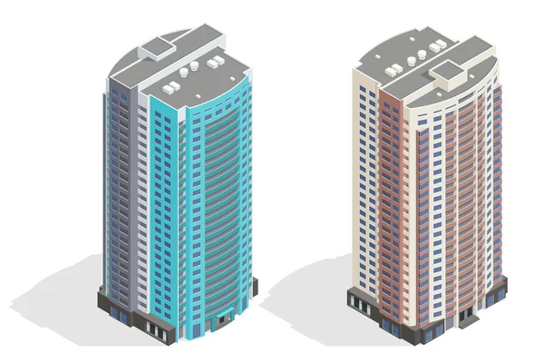 Isometric fasad dari sebuah buildin multi-lantai. Bangunan dan rumah kota modern. Bangunan perumahan baru. - Stok Vektor