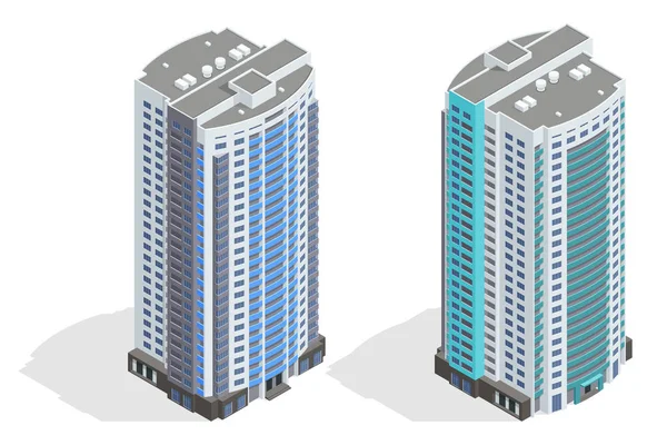 Ισομετρική πρόσοψη πολυόροφου κτιρίου. Κτίρια και σύγχρονες κατοικίες πόλεων. Νέα κτίρια κατοικιών. — Διανυσματικό Αρχείο