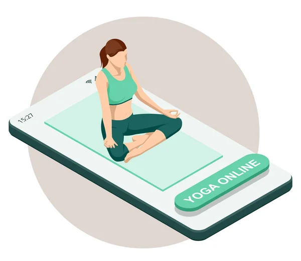 Isometrisk sportig ung kvinna som utövar yoga. Fitness instruktör tar online yoga klasser via ett videosamtal i smartphone. Begreppet hälsosamt liv. — Stock vektor