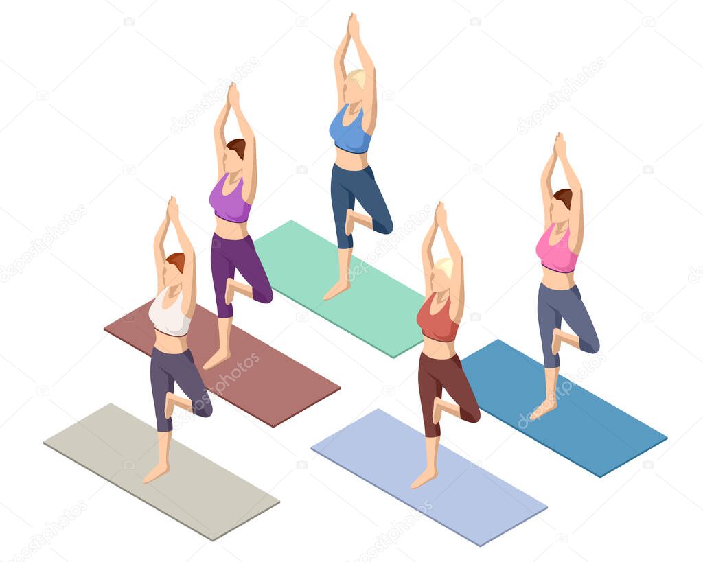 Isometric sporty young woman doing yoga practice. Fitness instructor taking online yoga classes over a video call in laptop. Healthy life concept.