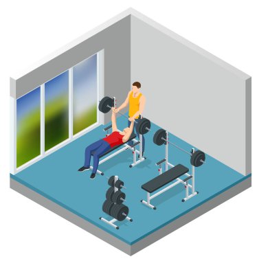 Spor salonundaki Isometric Man Bench Press 'te egzersiz yapıyor. Spor ve sağlıklı yaşam tarzı