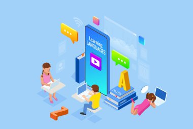 E-öğrenim, Evde Çevrimiçi Eğitim. Dijital Okuma, E-Sınıfı Ders Kitabı, Modern Eğitim, Çevrimiçi Eğitim ve Kurs, Ses Eğitimi, Uzaklık Eğitimi, Eğitim ve Öğrenciler İçin Isometric konsept