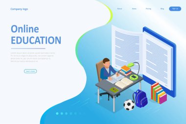 E-öğrenim, Evde Çevrimiçi Eğitim. Dijital Okuma, E-Sınıfı Ders Kitabı, Modern Eğitim, Çevrimiçi Eğitim ve Kurs, Ses Eğitimi, Uzaklık Eğitimi, Eğitim ve Öğrenciler İçin Isometric konsept