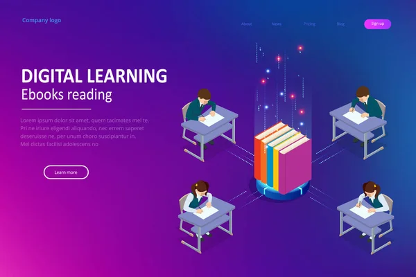 E-learning, Online Education at Home. Isometric concept for Digital Reading, E-class Textbook, Modern Education, Online Training and Course, Audio Tutorial, Distance Education, Ebook and Students — 스톡 벡터
