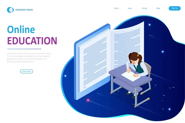 E-learning, Online Education at Home. Isometric concept for Digital Reading, E-class Textbook, Modern Education, Online Training and Course, Audio Tutorial, Distance Education, Ebook and Students — 스톡 벡터