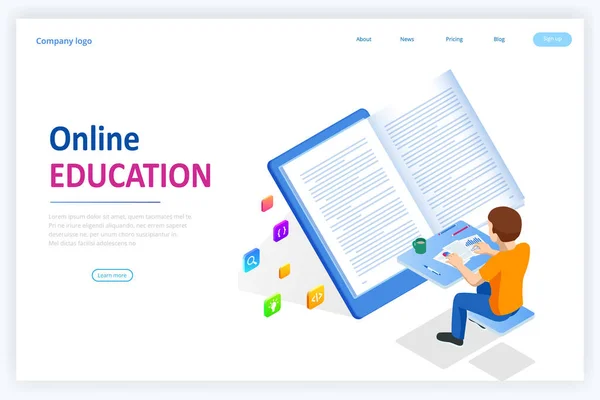 E-learning, Online Education at Home. Isometric concept for Digital Reading, E-class Textbook, Modern Education, Online Training and Course, Audio Tutorial, Distance Education, Ebook and Students — 스톡 벡터