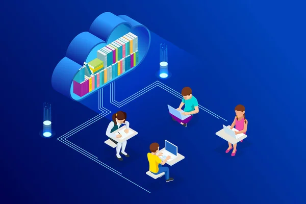 E-learning, Edukacja online w domu. Koncepcja izometryczna dla cyfrowego czytania, podręcznika e-klas, nowoczesnej edukacji, szkoleń online i kursu, audio Tutorial, edukacji na odległość, ebook i studentów — Wektor stockowy