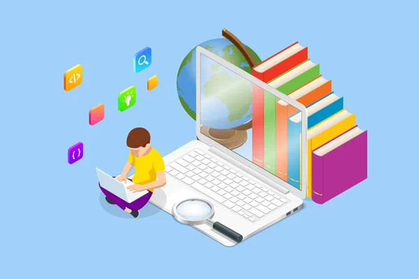 E-learning, Educazione online a casa. Concetto isometrico per la lettura digitale, E-classroom Textbook, Educazione moderna, Formazione e corso online, Audio Tutorial, Educazione a distanza, Ebook e studenti — Vettoriale Stock