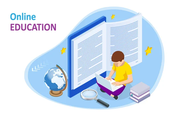 E-learning, Online Education at Home. Concept isométrique pour la lecture numérique, manuel en ligne, éducation moderne, formation et cours en ligne, tutoriel audio, enseignement à distance, livre électronique et étudiants — Image vectorielle