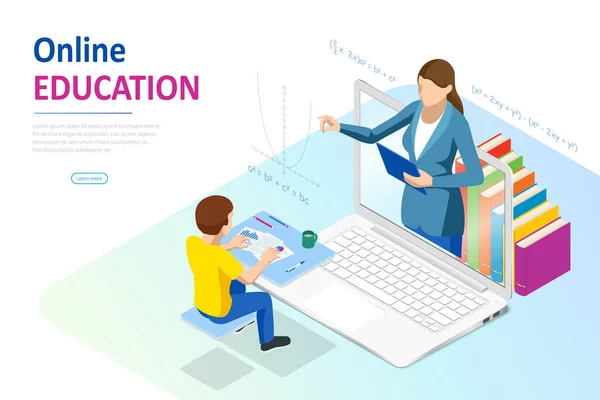 E-learning, Online Education at Home. Isometric concept for Digital Reading, E-class Textbook, Modern Education, Online Training and Course, Audio Tutorial, Distance Education, Ebook and Students — 스톡 벡터