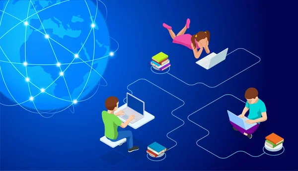 E-learning, Online Εκπαίδευση στο σπίτι. Ισομετρική έννοια για Ψηφιακή Ανάγνωση, E-classroom Εγχειρίδιο, Σύγχρονη Εκπαίδευση, Online Κατάρτιση και Μάθημα, Audio Tutorial, Εξ Αποστάσεως Εκπαίδευση, Ebook και Φοιτητές — Διανυσματικό Αρχείο