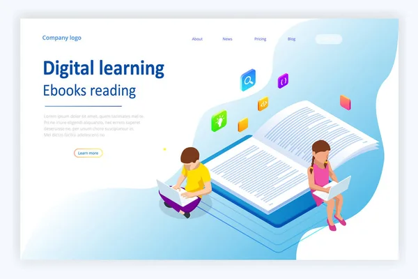 E-learning, Online Education at Home. Isometric concept for Digital Reading, E-class Textbook, Modern Education, Online Training and Course, Audio Tutorial, Distance Education, Ebook and Students — 스톡 벡터