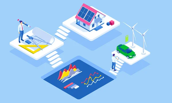 Isometrische zonnepanelen op het dak van een familiehuis. Eco-energie- en milieuconcept. Groene energie een milieuvriendelijk modern huis. Opwekking van hernieuwbare energie uit zonne-energie en windenergie. — Stockvector