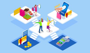 Isometric Hızlı Teslimat Servisi, Çevrimiçi Teslimat, Çevrimiçi Alışveriş, Finans Aracı web afişi konsepti. Mobil uygulama şablonları