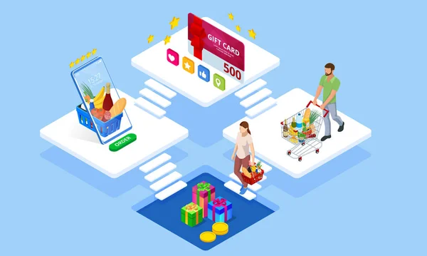 Isometric Online objednání potravin ze supermarketu pomocí mobilní aplikace. Nákupní košík s čerstvým jídlem. Obchod s potravinami, potraviny a jí on-line nákupní a dodací koncept. — Stockový vektor