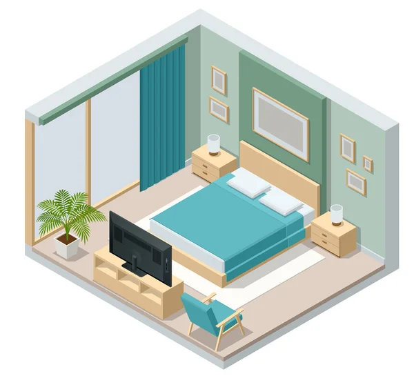 Interior del dormitorio minimalista isométrico con cama doble. Diseño de interiores de dormitorio escandinavo moderno urbano contemporáneo. — Archivo Imágenes Vectoriales