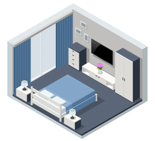 Chambre Isometric Minimaliste Intérieur avec lit double. Urban Contemporary Modern Scandinavian Bedroom Design d'intérieur. — Image vectorielle