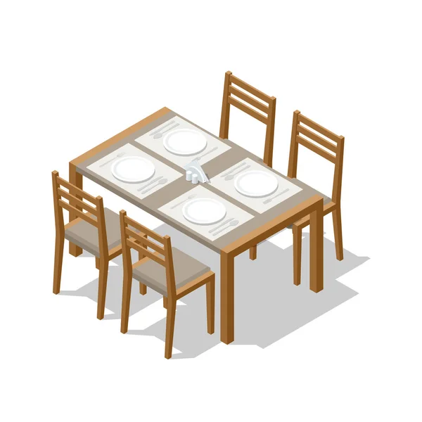 Izometrikus étkezőasztal négy székkel, fehér alapon. Vacsora az étteremben. Vektor illusztráció lapos stílusban elszigetelt fehér háttér — Stock Vector