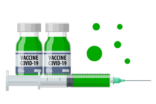 Coronavirus Vakcina és fecskendő injekció A Covid-19, nCoV 2019 fertőzés megelőzésére, immunizálására és kezelésére használják. Áttörés a COVID-19 vakcina elkészítésében. — Stock Vector