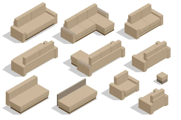 Conjunto isométrico de muebles de sofá de tela moderna aislados sobre fondo blanco. — Vector de stock