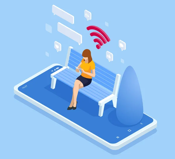 Izometrikus nő ingyenes internet zóna segítségével mobil kütyü, tabletta pc és okostelefon. WIFI zóna. Egy nő ül egy padon a parkban, és kommunikál a közösségi oldalakon.. — Stock Vector