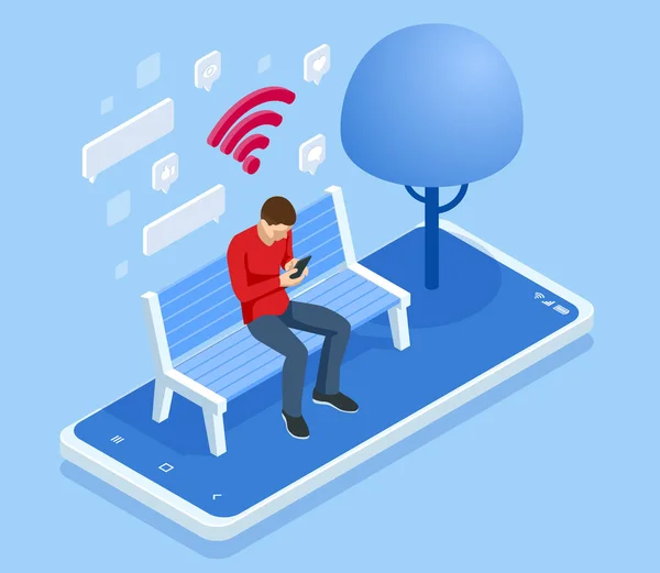 Izometrikus ember ingyenes internet zóna segítségével mobil kütyü, tabletta pc és okostelefon. WIFI zóna. Egy férfi ül egy padon a parkban, és kommunikál a közösségi oldalakon.. — Stock Vector