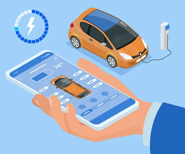 Concept isométrique de charge de véhicule électrique, application mobile pour la gestion de la charge. Interface smartphone Car Fuel Manager. — Image vectorielle