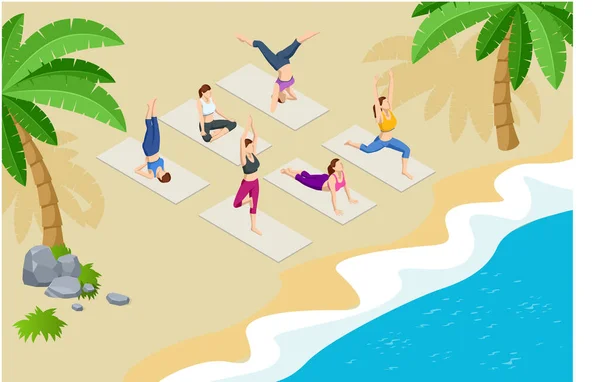 在海滩上参加海上瑜伽课的一组等量成年人。健康生活概念. — 图库矢量图片