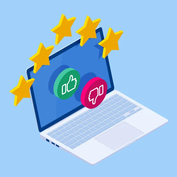Isometric customer review or feedback concept. Online survey of customer satisfaction, election voting, product development research. Rating on customer service and user experience. — Stock Vector