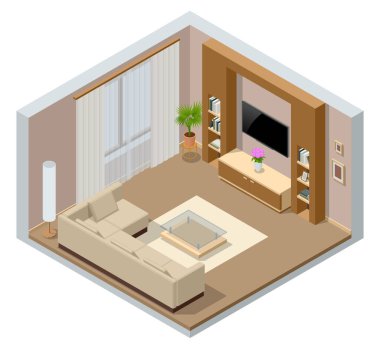 Isometric büyük lüks modern parlak iç mekan odası. Gerçek evin modern oturma odası beyaza izole edilmiş.