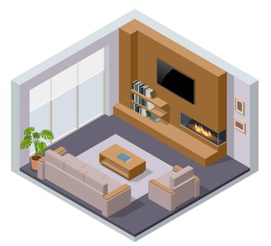 Isometric büyük lüks modern parlak iç mekan oda, şömine ve televizyon. Gerçek evin modern oturma odası beyaza izole edilmiş.