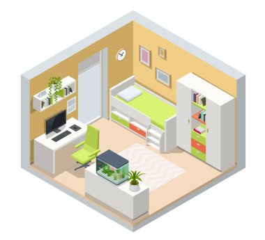 Isometirc modern ergen oda içi rahat yatak. İç dekorasyon için fikir. Gençler için modern çalışma odasının içi