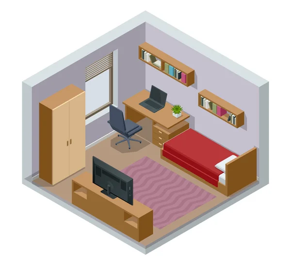 Isometirc moderno quarto adolescente interior com cama confortável. Ideia para decoração de interiores. Interior da sala de estudo moderna para adolescente — Vetor de Stock