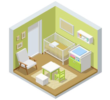 Modern mobilyalı Isometric Çocuk Odası. İç dekorasyon fikri var ya. Yeni doğan bir bebek için çocuk odası.