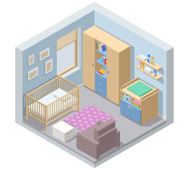 Modern mobilyalı Isometric Çocuk Odası. İç dekorasyon fikri var ya. Yeni doğan bir bebek için çocuk odası.