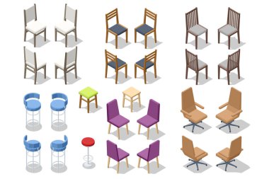 Isometric sandalye seti beyaza izole edildi. Koltuk Konforlu Koltuk Tasarımı, Farklı Tipler. İç Koltuk Tasarım Elementi.