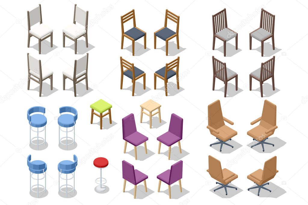 Isometric Chair Set Isolated on White. Chair Comfortable Furniture Armchair Design, Different Types. Interior Seat Design Element.