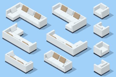 Isometric modern kanepe seti. Arka planda yastıklı modern kanepe