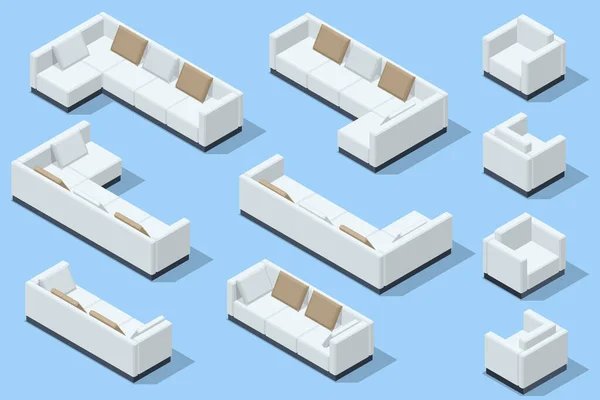 Isometryczny zestaw nowoczesnej sofy. Nowoczesna kanapa z poduszkami na tle — Wektor stockowy