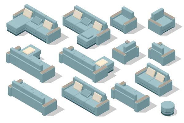 Ensemble isométrique de canapé moderne. Canapé moderne avec oreillers isolés sur fond blanc — Image vectorielle