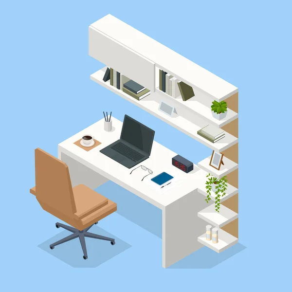 Isometrischer zeitgenössischer Arbeitsplatz. Interieur moderner Wohnzimmerarbeitsplatz mit Schreibtisch und Desktop-Computer — Stockvektor