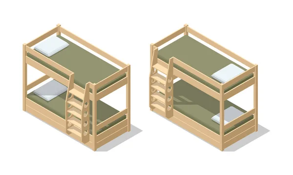 Isométrico interior de la habitación de los niños o habitación del albergue con litera. La litera con ropa de cama aislada en el fondo blanco. — Vector de stock