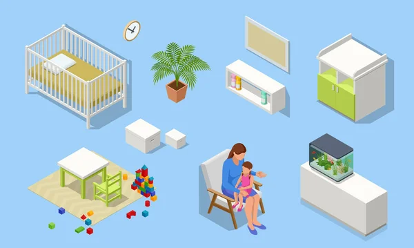 婴儿房的等高线室内家具.科特，换桌子，椅子，宝宝和妈妈。木制家具的图标. — 图库矢量图片