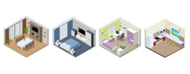 Isometric büyük lüks modern parlak iç mekan genç odası ya da çocuk odası, yatak odası, oturma odası, mutfak. Gerçek evin modern iç tasarımı beyaza izole edilmiş.