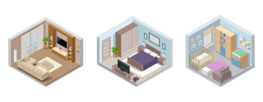 Isometric büyük lüks modern parlak iç mekan oturma odası, çocuk odası, yatak odası. Gerçek evin modern iç tasarımı beyaza izole edilmiş.