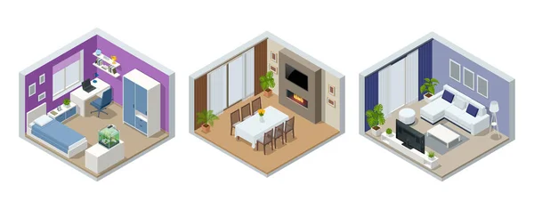 Izometrikus nagy luxus modern világos belső terek étkező, tini szoba, hálószoba. Modern belső tér valódi otthon elszigetelt fehér — Stock Vector