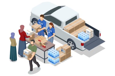 Kamyonetten insani yardım dağıtan Isome gönüllüleri. Mülteciler yiyecek, su ve temel malzemeleri alıyorlar..