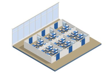 Ranzalı ve bölümlü Isometric mülteci kampı. Kriz durumlarında yerlerinden edilen insanlar için geçici konutlar gösteriliyor..